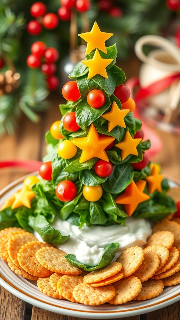 A colorful spinach Christmas tree appetizer with assorted veggie ornaments on a platter.